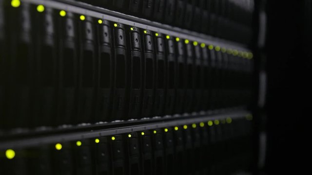 data server with LED lights, with forward travelling.
Dark atmosphere