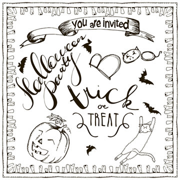 set of Halloween hand drawn elements, lettering and zombee teeth frame for invitation. Hand drawn sketches for your design of poster, cards, invitations, cover tepmlate of greeting card