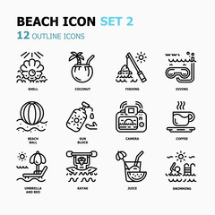 Beach Outline icons.Holiday and Vacation Concept Thin line icons.