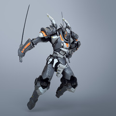 Sci-fi mech warrior holding two swords in fighting position. Mech in a jumping pose. Futuristic robot with white and gray color metal. Mech Battle. Orange paint. 3D rendering on a gray background.