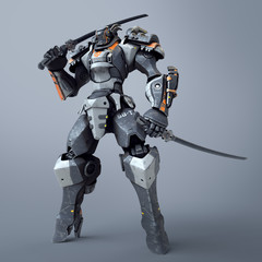 Mech samurai warrior standing and holding two swords. Robot with a katana on his shoulder. Futuristic robot with white and gray color metal. Sci-fi Mech Battle. 3D rendering on gray background.