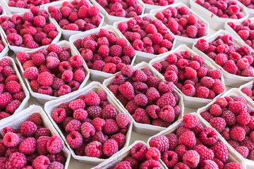 Fresh raspberries on a market