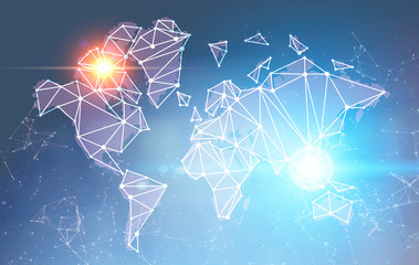 Glowing world map interface over blue. 3d illustration