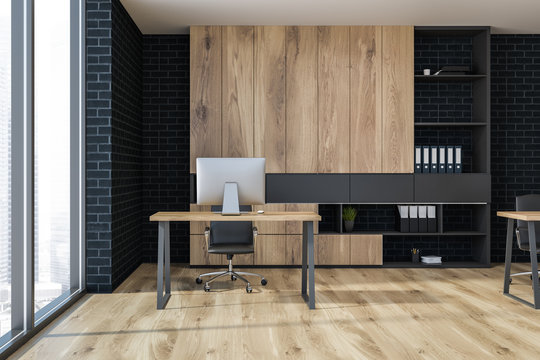 Loft modern office corner, black brick front view