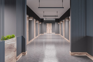 Gray hotel corridor, closed wooden doors