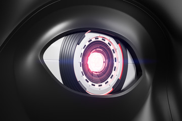 Black and red realistic robot eye side view