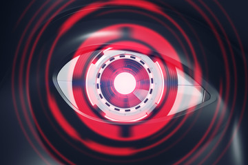 Black and red realistic robot eye close up hud