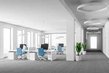 White open space office interior, blue chairs