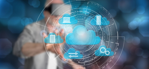 Man touching a cloud computing concept