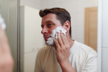 Morning hygiene, Happy guy is ready to shave.