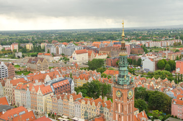 City of Gdansk in Poland, aerial view over the Old Town, view from Saint Mary's Church Tower. Cityscape of Gdansk at cloudy day.
