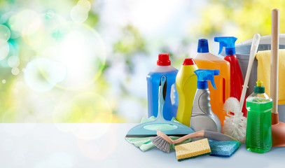 Sanitation and cleaning supplies on a table