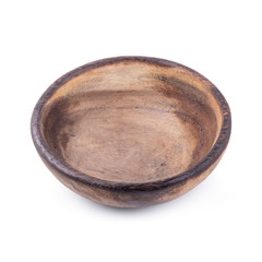 Old handmade carved wooden bowl isolated on white background