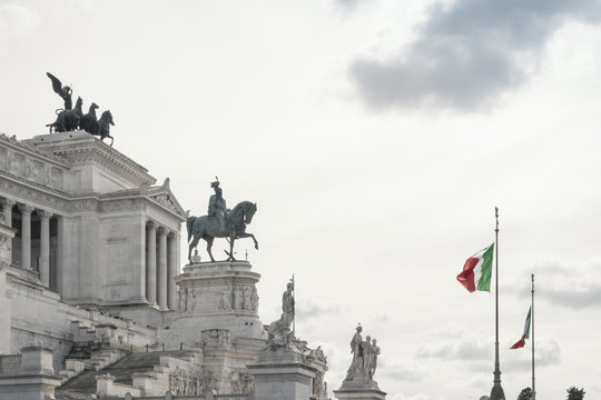 Italian flags flying over the Altare della Patria in the Piazza Venezia, Central Rome, Lazio