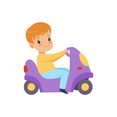 Cute little boy riding a toy motorcycle vector Illustration on a white background