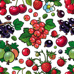 Sketch garden berries, leaves and flowers seamless pattern. Gooseberry, blackberry currant strawberry and raspberry. Fresh juicy sweet food, Symbol of healthy lifestyle dieting, vector illustration