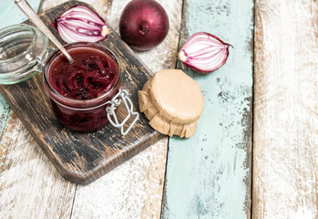 Red onion marmalade in jar Vegetable jam
