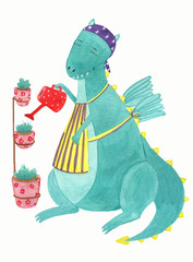 Cute dinosaur with watering can