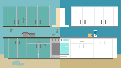 Kitchen Improvement Before and After Repair. Home Interior Renovation. Flat style  illustration.