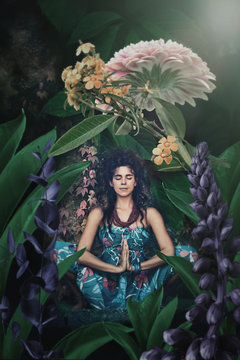 young woman meditate in yoga position in fantasy  garden
