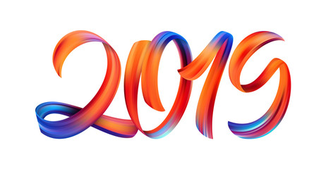 Vector illustration: Colorful Brushstroke paint lettering calligraphy of 2019 on white background. Happy New Year.