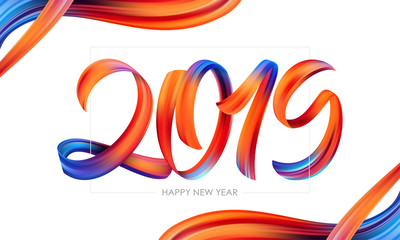 Vector illustration: Brushstroke paint lettering calligraphy of 2019 Happy New Year. Trendy design.