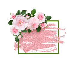 Pink rose flowers and a green frame on glitter brushstroke