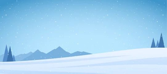 Poster Im Rahmen Vektorillustration: Winterlandschaft der verschneiten Berge mit Kiefern und Feld © deniskrivoy
