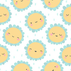 Cute flowers pattern, smile face cartoon seamless background, vector illustration
