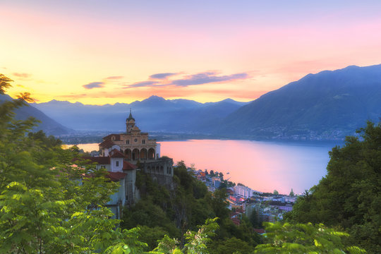 Sunrise at the Sanctuary of Madonna del Sasso, Orselina, Locarno, Lake Maggiore, Italian Lakes, Canton of Ticino