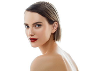 Fototapeta premium Beauty Woman face Portrait. Beautiful model Girl with Perfect Fresh Clean Skin color lips purple red. Blonde brunette short hair Youth and Skin Care Concept. Isolated on a white background