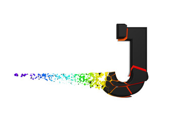 Broken shattered iridescent alphabet letter J uppercase. Crushed black and rainbow font. 3D render isolated on white background.
