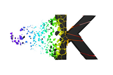 Broken shattered iridescent alphabet letter K uppercase. Crushed black and rainbow font. 3D render isolated on white background.