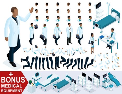 Isometrics Doctor An African American waving his hand, create your 3D character of the surgeon, sets of gestures of the feet and hands. Bonus medical equipment