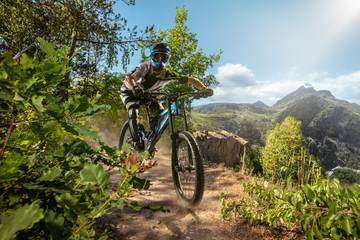 Naklejka na ściany i meble Mountain biker on forest trail. Male cyclist rides the rock