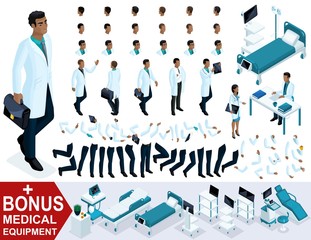 Isometric Doctor African American, create your 3D character as a surgeon, sets of gestures of hands and feet, emotions and hairstyles. Bonus medical equipment