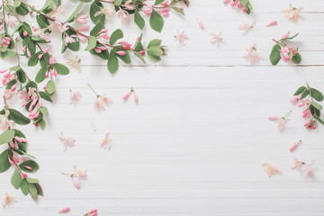 branches of  bush with pink flowers on wooden background