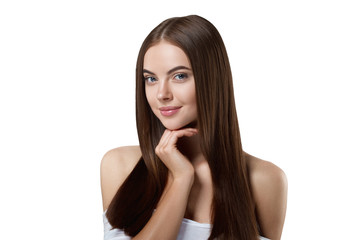Fototapeta premium Bautiful hairstyle woman with long brunette beauty helathy hair and skin with natural makeup