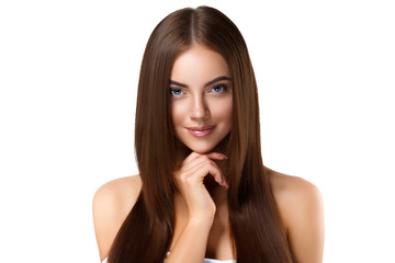 Bautiful hairstyle woman with long brunette beauty helathy hair and skin with natural makeup