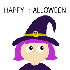 Happy Halloween. Witch girl wearing curl hat. Cartoon funny spooky baby magic character. Cute head face. Greeting card. Flat design. White background. Isolated.