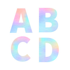 Modern A B C D letters with bright colorful holographic foil texture isolated on white