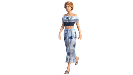 one young girl with a short haircut in a dress. She walks calmly to the left toward the camera. 3D rendering, 3D illustration
