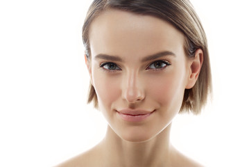 Fototapeta premium Beautiful face woman with healthy skin and blonde beauty hair perfect natural makeup isolated on white