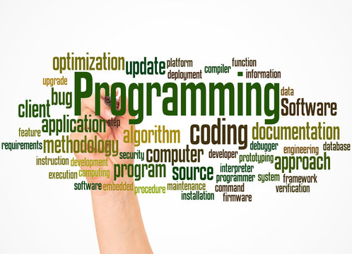 Programming word cloud and hand with marker concept