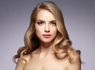 Beautiful blonde hair woman luxury beauty face makeup