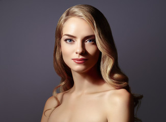Beautiful blonde hair woman luxury beauty face makeup
