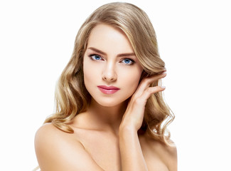 Beautiful blonde hair woman luxury beauty face makeup