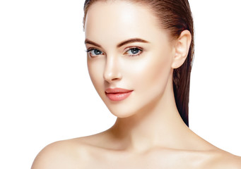 Beautiful skin woman face closeup beauty lips and eyes isolated on white
