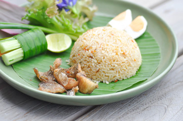 stir-fried rice with fried fish and egg, Thai food