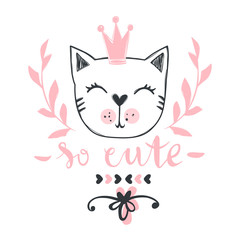 Vector card with cute fashion cat. Stylish kitten.